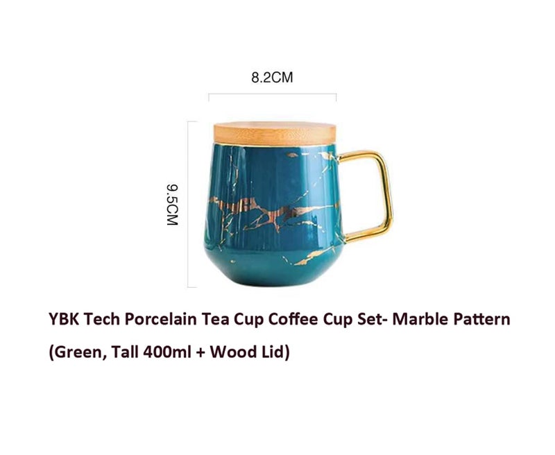 Eplze YBK Tech Porcelain Tea Cup Coffee Mug Set for Afternoon Tea - Marble Pattern (Green, Tall 400ml + wood lid) - Image 2